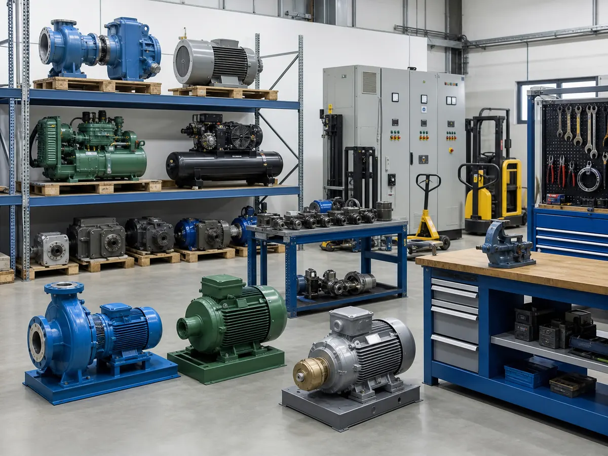 Industrial pumps, motors and technical equipment arranged in a workshop area