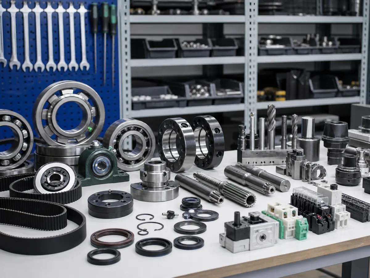 Bearings, belts, tooling and technical replacement components on a workbench